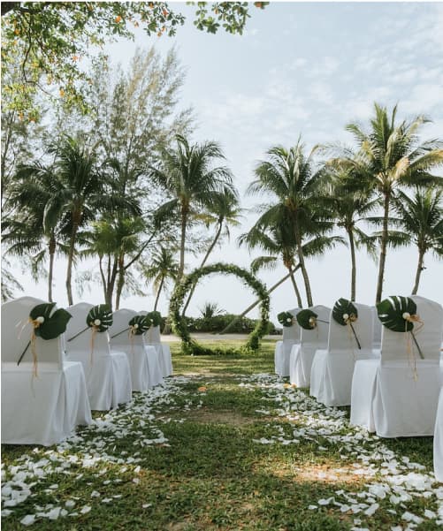 Brandon and Lily's wedding venue with beautiful greenery and palm trees.
