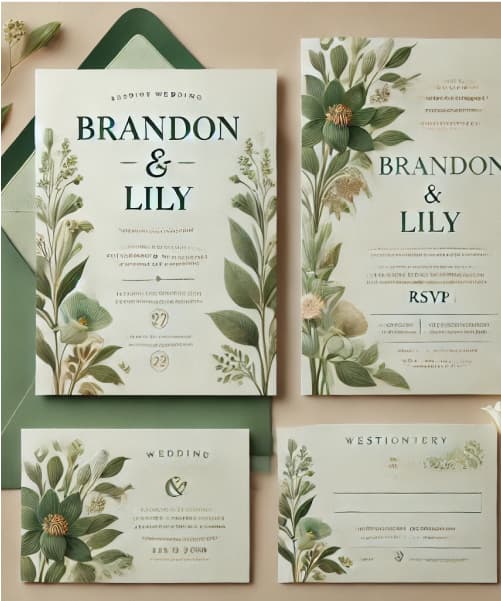 Brandon and Lily's wedding stationery, invitation, table placement cards, and itinerary with green floral detailing.